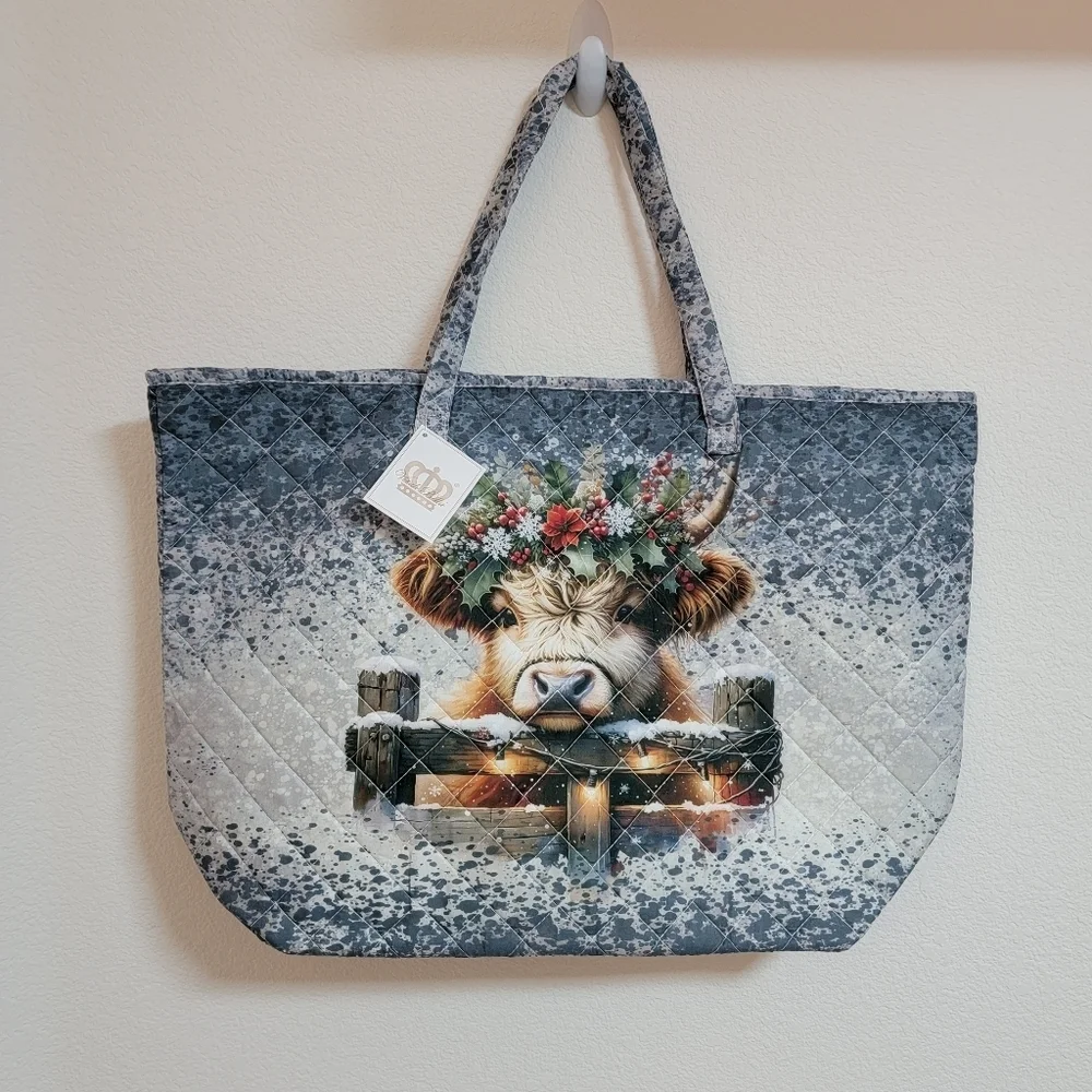 Holiday Highland Cow Quilted Tote